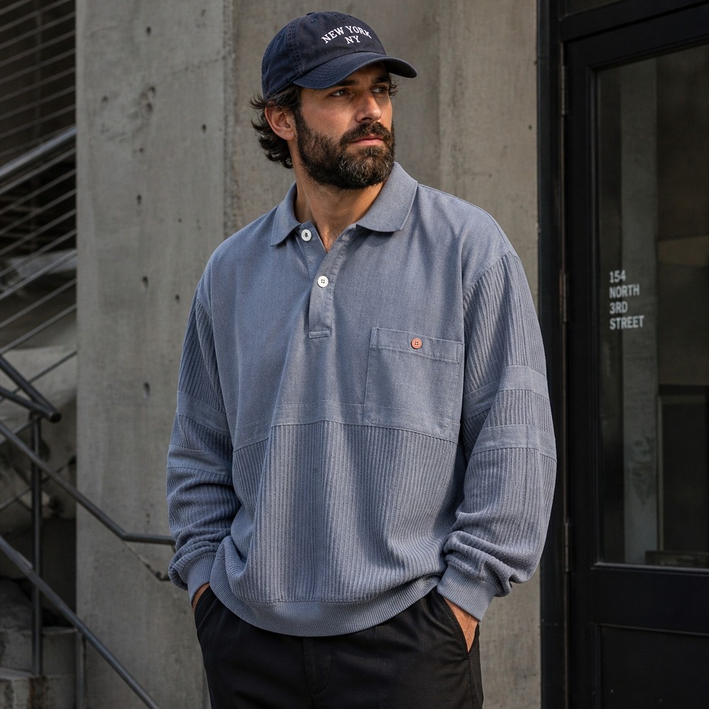 Knightsbridge Menswear Vintage Long Sleeve Polo Shirt Blue Ribbed Mixed Media L
